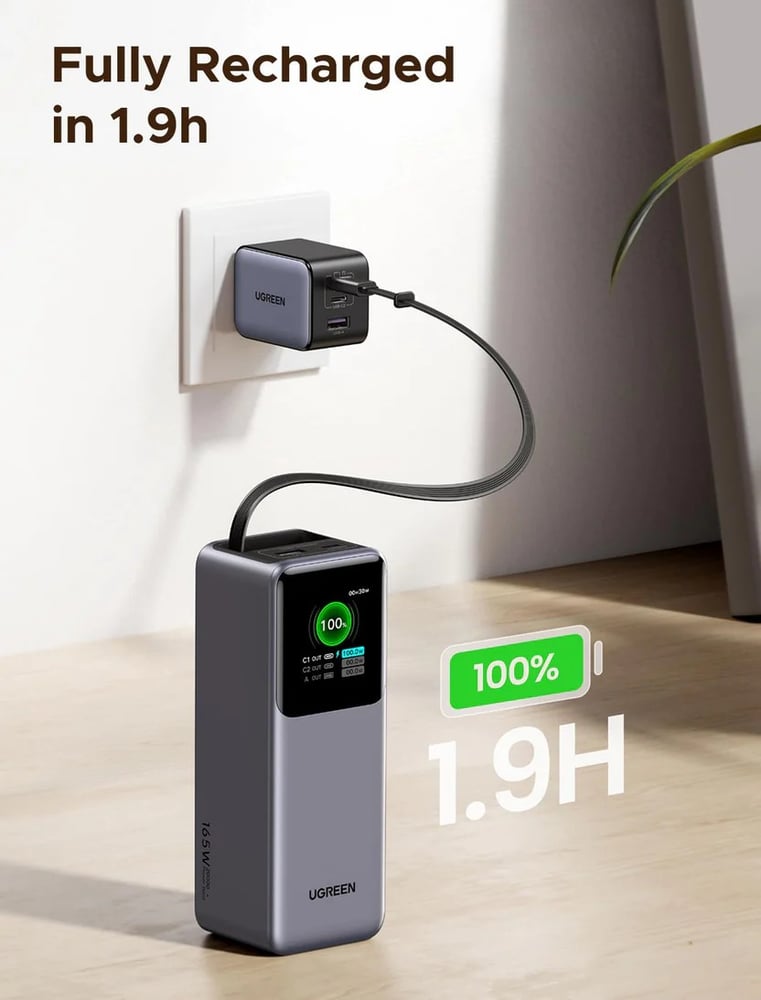 UGREEN - بطارية متنقلة 20000 مللي امبير بقوة 165 واط مع كيبل تايب سي قابل للسحب