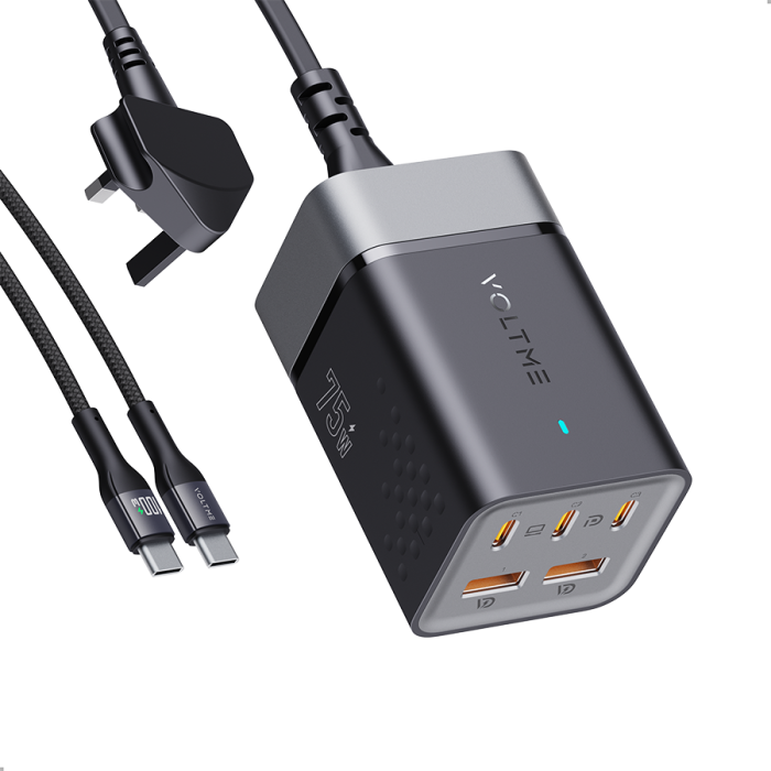 شاحن جداري ڤولتمي VITO GO EZ Travel بقدرة 75 واط مع كيبل – 3 USB-C و2 USB – رمادي