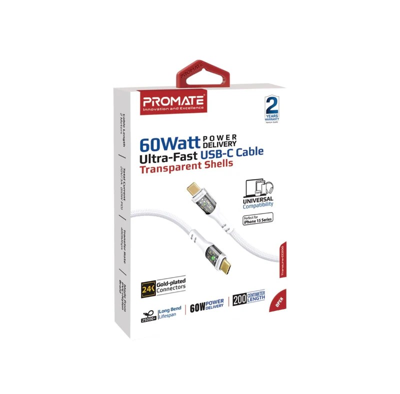 Promate كابل USB-C فائق السرعة بقدرة 60 واط مع غلاف شفاف