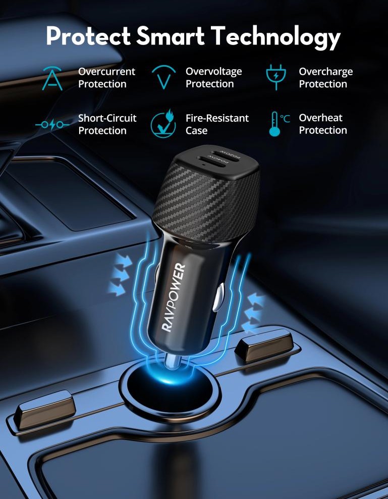 شاحن سيارة RAVPower ثنائي Type-C بقوة 60W – شحن سريع للسيارة - أسود
