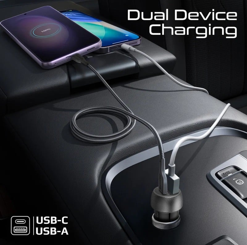 Promate شاحن سيارة ثنائي المنافذ بقدرة 33 واط بتقنية الشحن السريع مع كابل USB-C للشحن