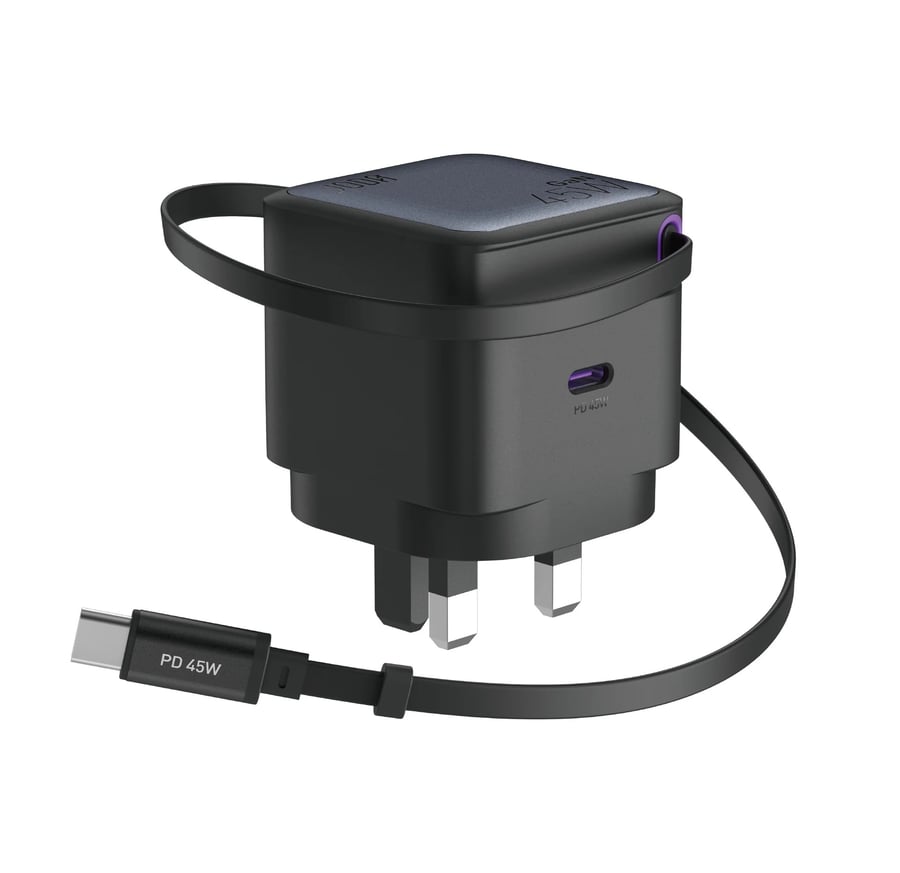 شاحن جداري JODA VoltDock 45 GaN بقوة 45W مع كابل USB-C قابل للسحب