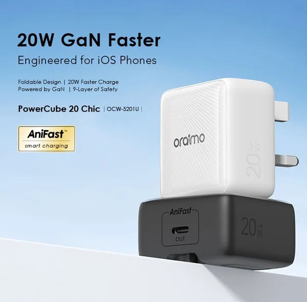 شاحن جداري oraimo مجموعة شاحن حائط PowerCube 20 Chic 20W GaN مع كيبل تايب سي - تايب سي