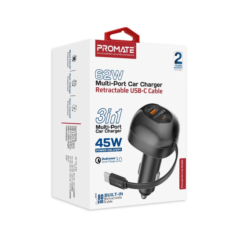 Promate شاحن سيارة متعدد المنافذ بقدرة 62 واط مع كابل USB-C قابل للسحب