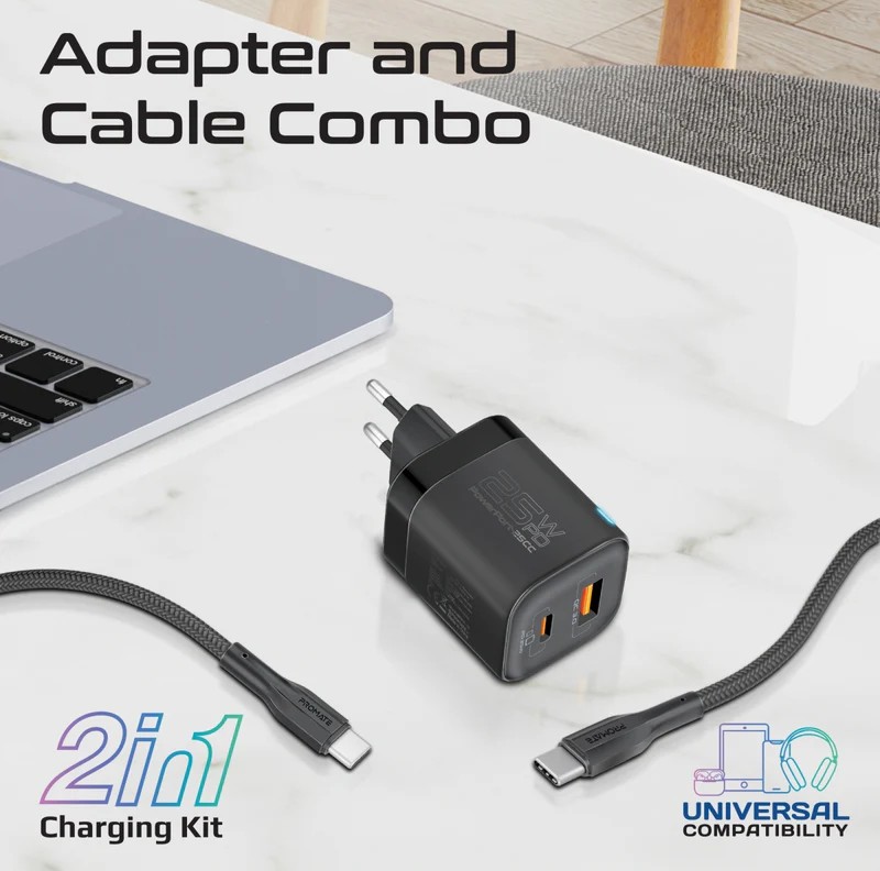 Promate محول طاقة ثنائي المنافذ بقدرة 25 واط مع كابل USB-C للشحن السريع بقدرة 60 واط