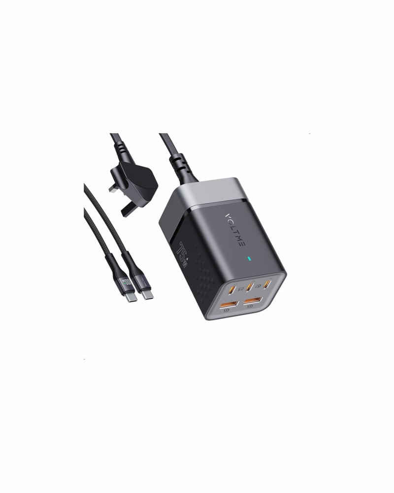 شاحن جداري ڤولتمي VITO GO EZ Travel بقدرة 75 واط مع كيبل – 3 USB-C و2 USB – رمادي