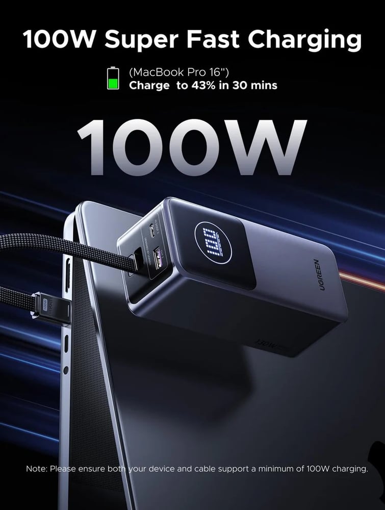 UGREEN - بطارية متنقلة 20000 مللي امبير بقوة 130 واط مع كيبل تايب سي مدمج