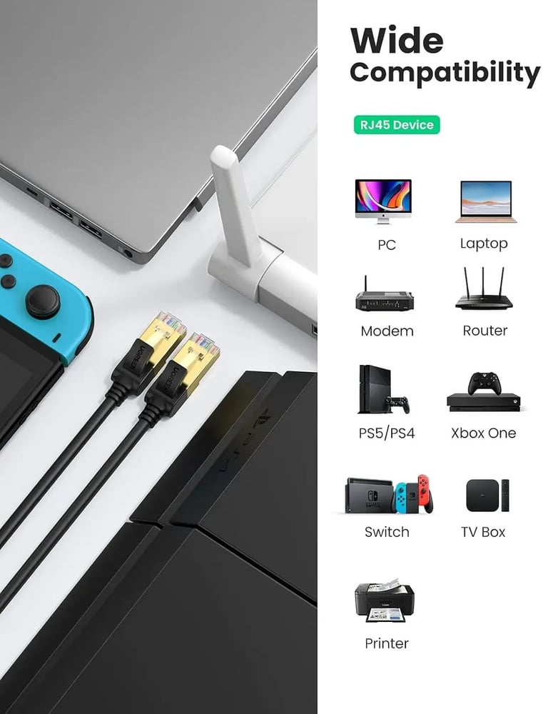 كابل إيثرنت UGREEN Cat 7 بطول 5 متر (17 قدمًا) بسرعة 10 جيجابت في الثانية وتردد 600 ميجاهرتز