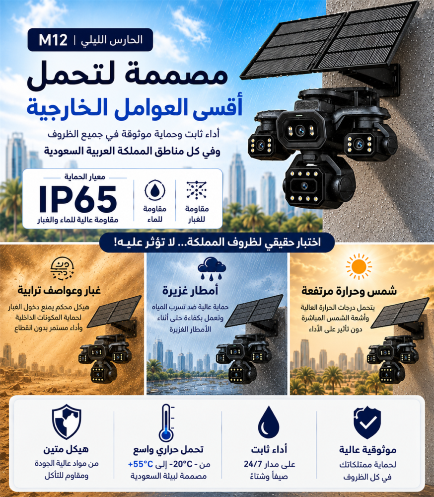 كاميرا M12 متعددة العدسات بالطاقة الشمسية زوم 12X