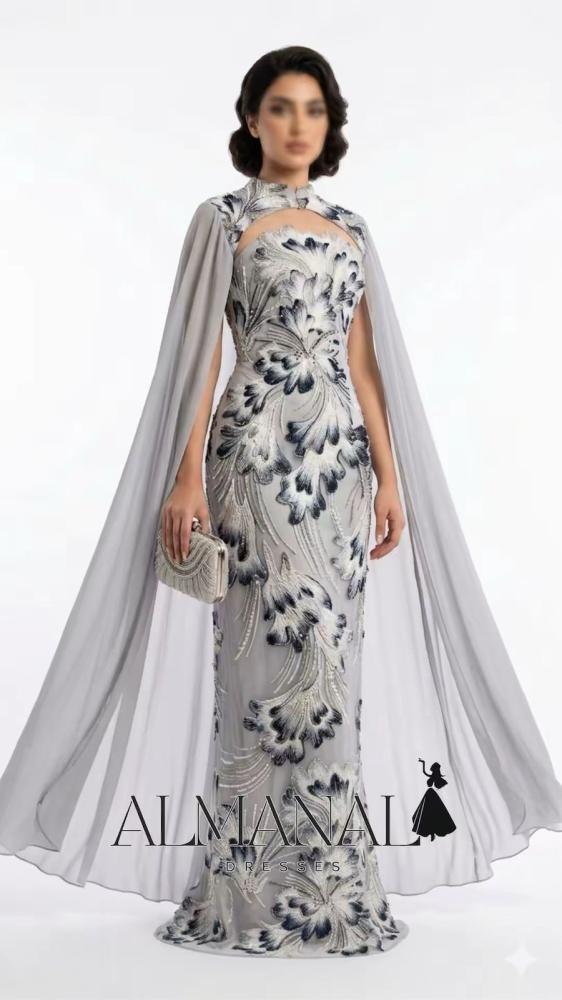 Gray evening dress "Modern" with luxurious hand embroidery and a separate top piece