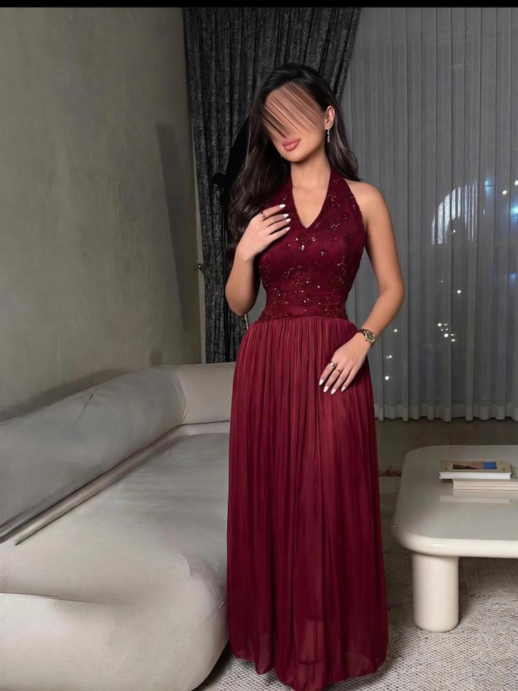 فستان سهره عنابي دانتيل خرز