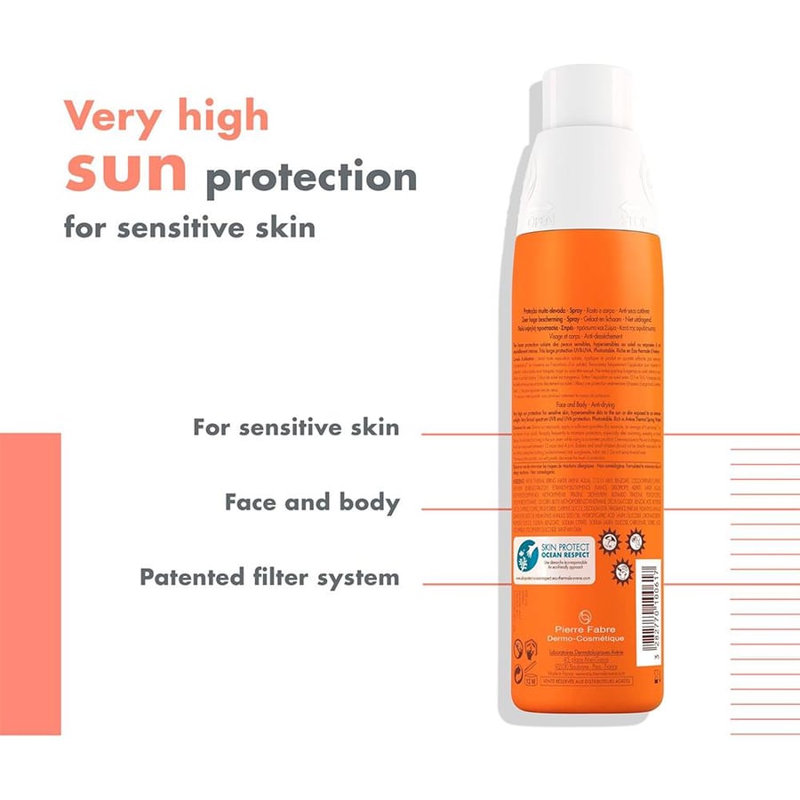 افين، بخاخ واقي من الشمس +SPF50، للبشرة الحساسة، مقاوم للماء - 200 مل