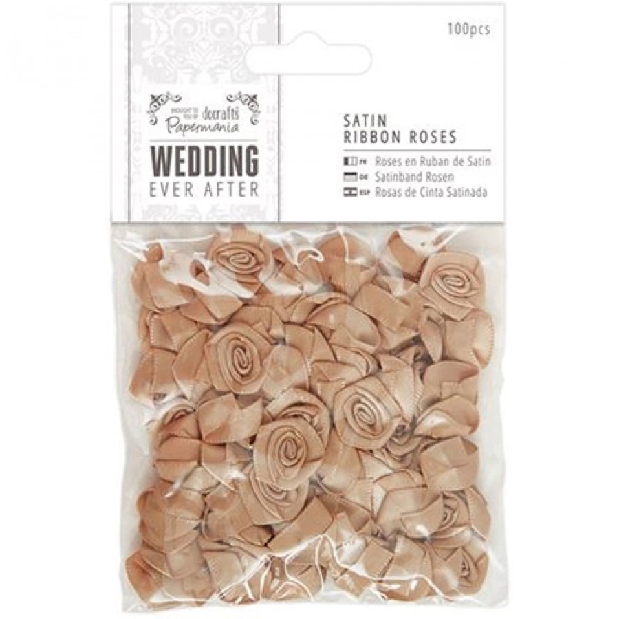 Papermania Ever After Wedding Ribbon Roses 100/Pkg -Antique Gold