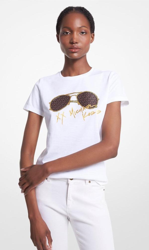 MICHAEL KORS OUTLET Logo Aviator Print Organic Cotton T-Shirt تيشيرت مايكل كورس بالطلب 2-4 اسبوع باذن الله