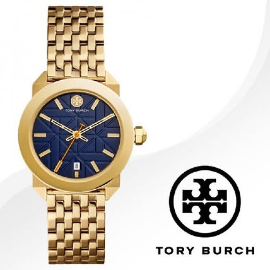 Tory Burch watch 35 mm size, with a blue dial and gold strap, will arrive within 2-4 weeks, God willing.