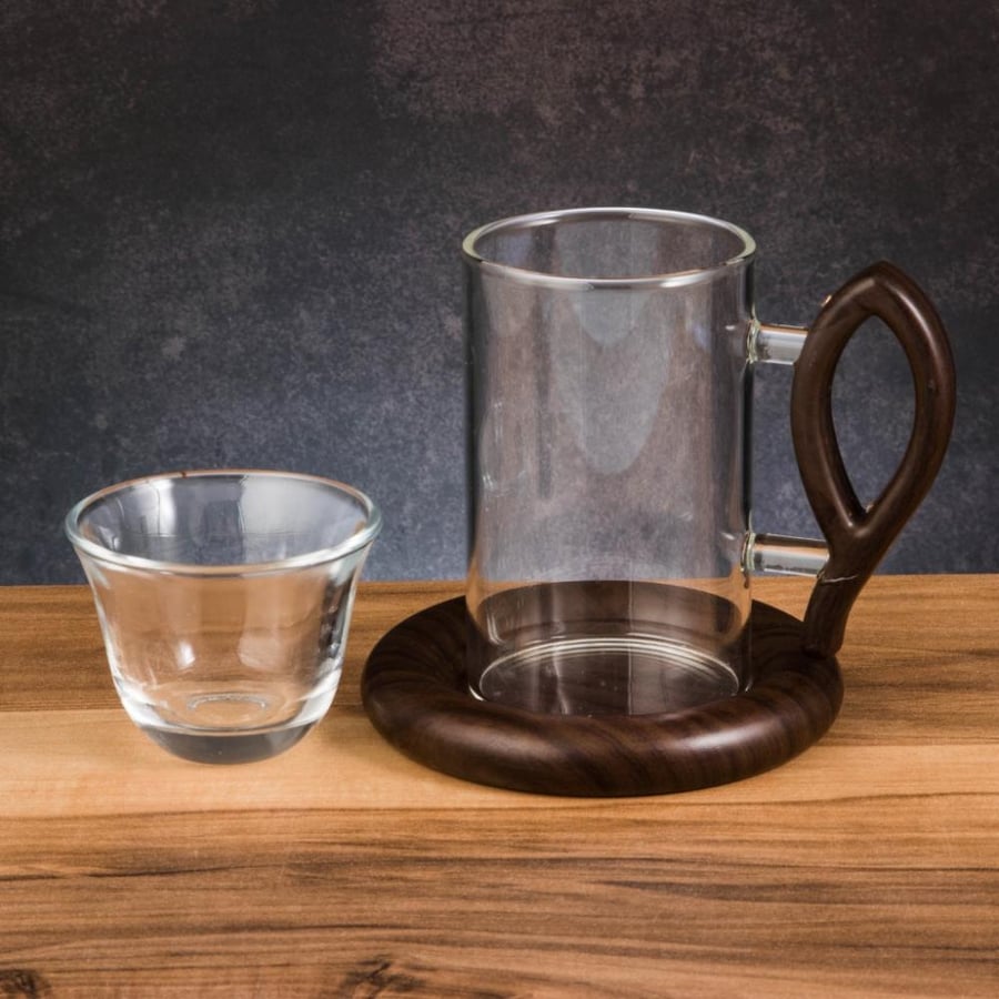 طقم فناجين شاي وقهوة سعودي زجاج سادة وخشبي 18 قطعة 6 اشخاص