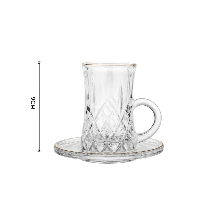 طقم بيالات شاي زجاج مزخرف وذهبي فاخر 12 قطعة 6 اشخاص