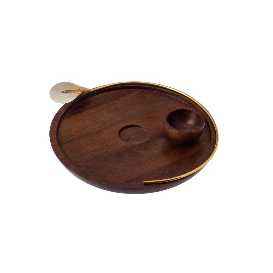 Serving dish for sweets and dates, Indian wood, brooch, gold rose