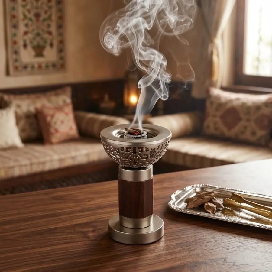 مبخرة معدن فضي مطفي وخشبي مودرن مقاس 19 سم