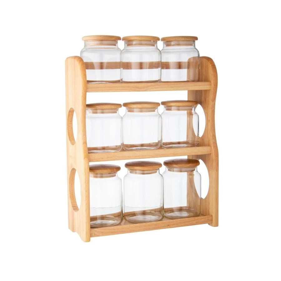 Glass spice jar set with wooden stand, 10 pieces, 3 tiers
