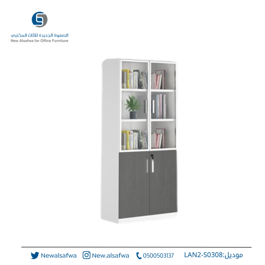 دولاب 2 درفة زجاج لون ابيض * رصاصي مقاس 800W*400D*1800H موديلLAN2-S0308