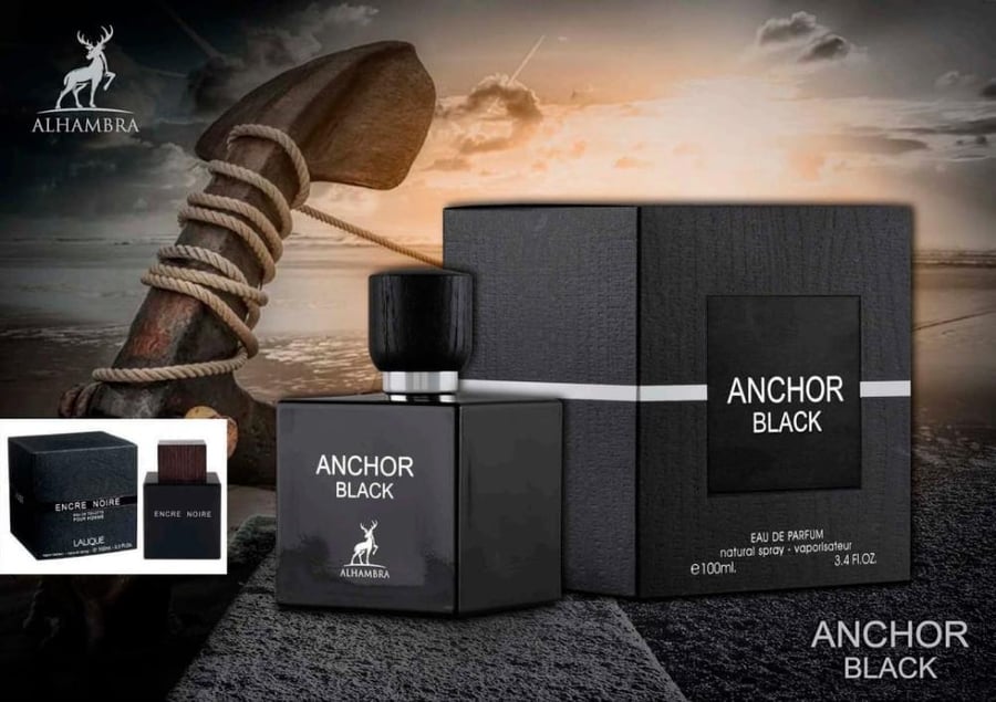 عطر Anchor BLACK مستوحى من العطر الشهير Encre Noire من Lalique، المعروف بطابعه الغامض والأنيق.