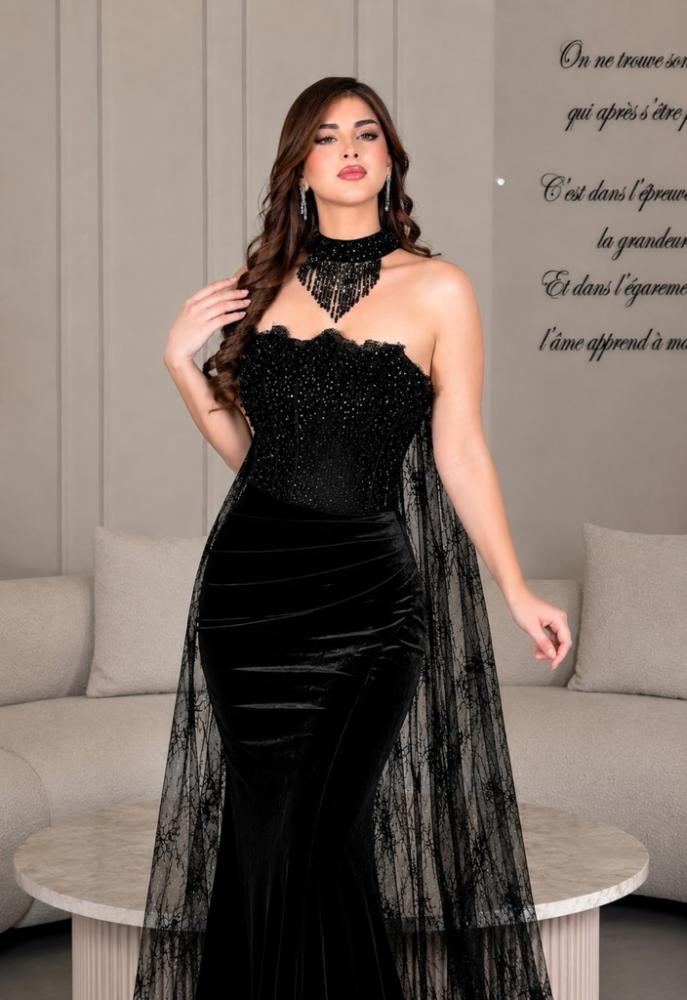 فستان سهرة مخمل أسود حورية البحر وشاح دانتيل فاخر