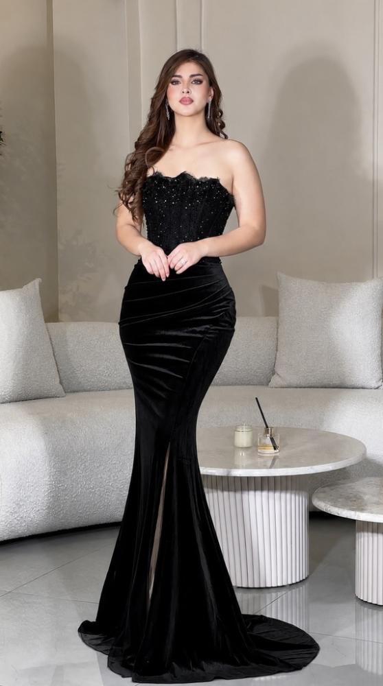 فستان سهرة مخمل أسود حورية البحر وشاح دانتيل فاخر
