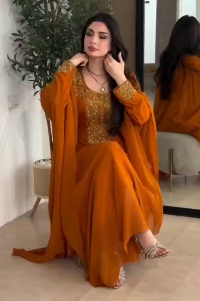 فستان سهرة شيفون جورجيت تطريز يدوي