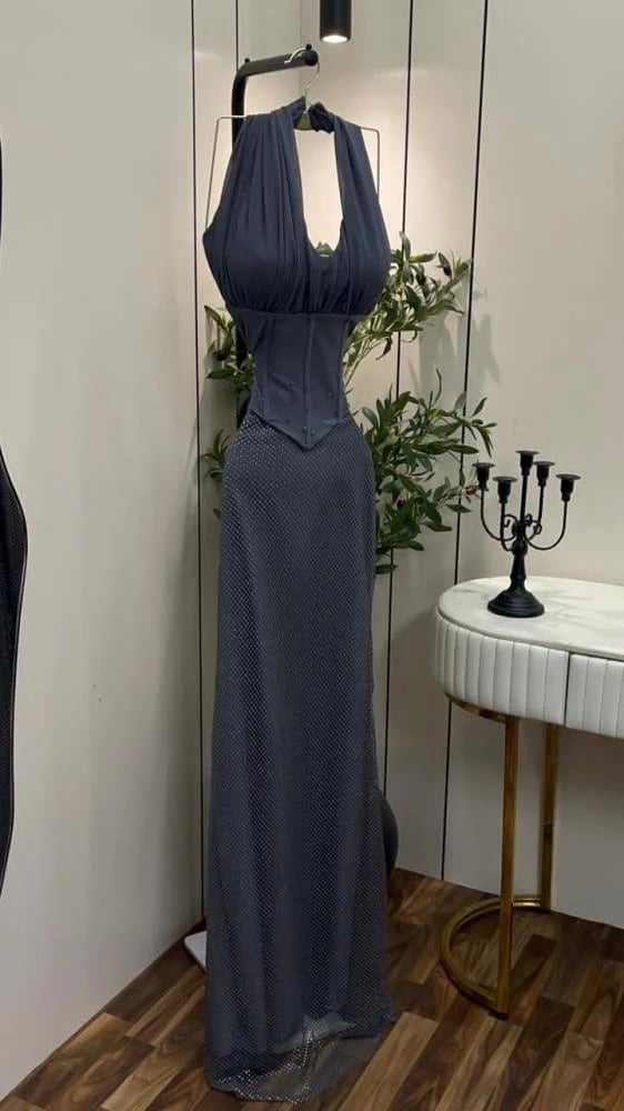 فستان سهرة شيفون جورجيت مع كورسيه بتطريز خرز شك وقطع زركون
