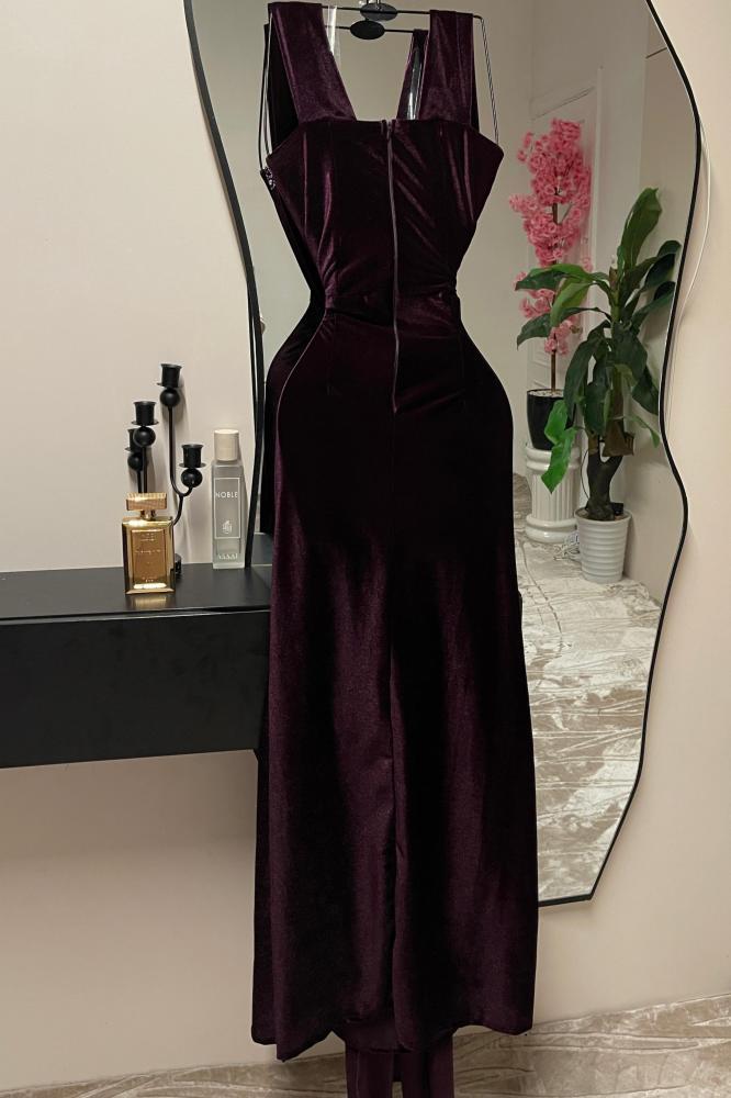 Evening dress velvet off-shoulder color lilac hand embroidery
