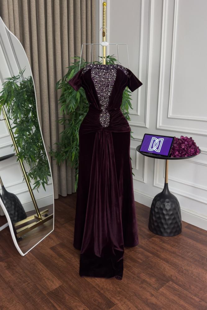 Evening dress velvet off-shoulder color lilac hand embroidery