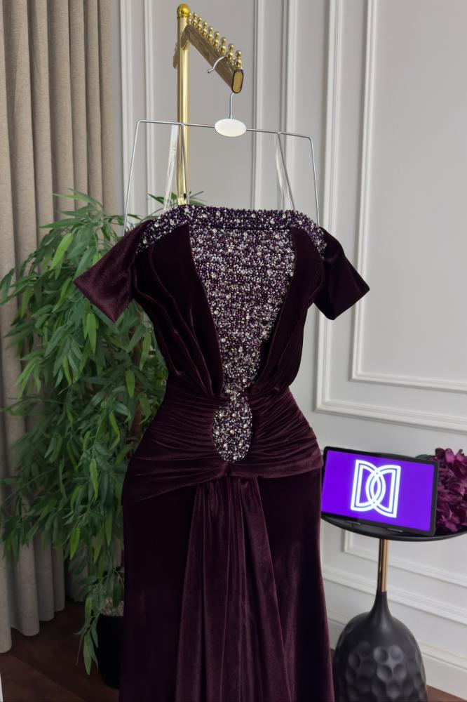Evening dress velvet off-shoulder color lilac hand embroidery