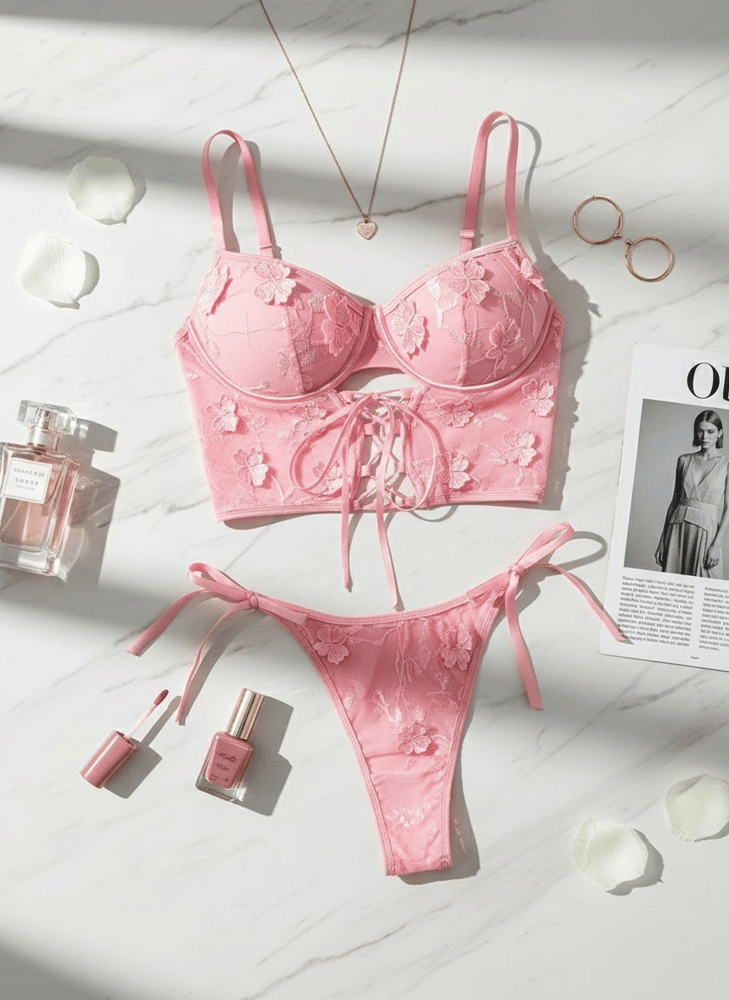 Elegant lingerie set in pink color decorated with flowers consisting of a corset and underwear with side ties