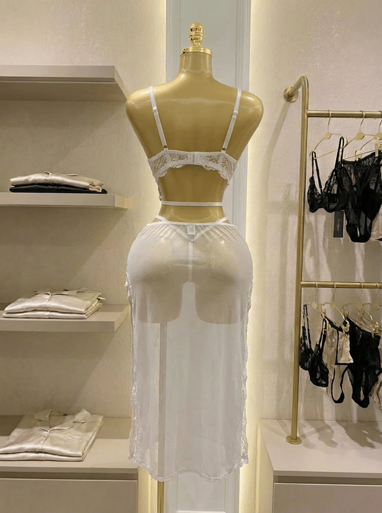 Long white transparent lingerie dress with luxurious lace design