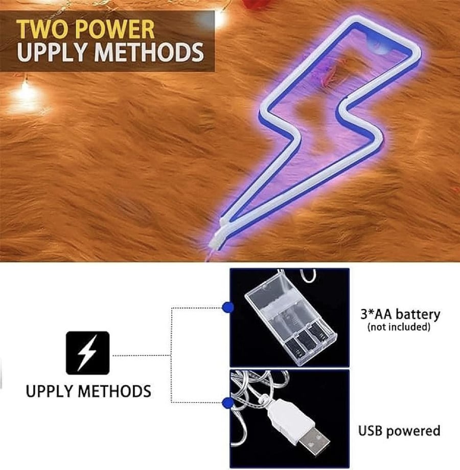 مصباح اضاءة ليد نيون على شكل صاعقة مضيئة للديكور، ازرق تعمل بالبطارية و USB