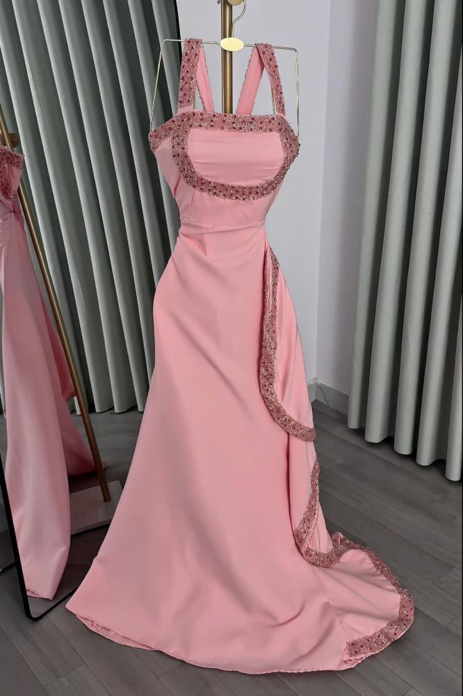 فستان وردي باربي بكشكش جانبي مطرز يدوي