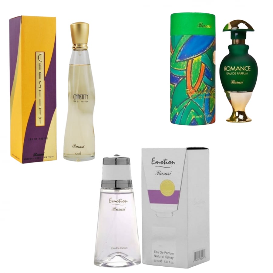Old perfumes display, Romance perfume 50ml, Chasti perfume 100ml, Emotion perfume 50ml