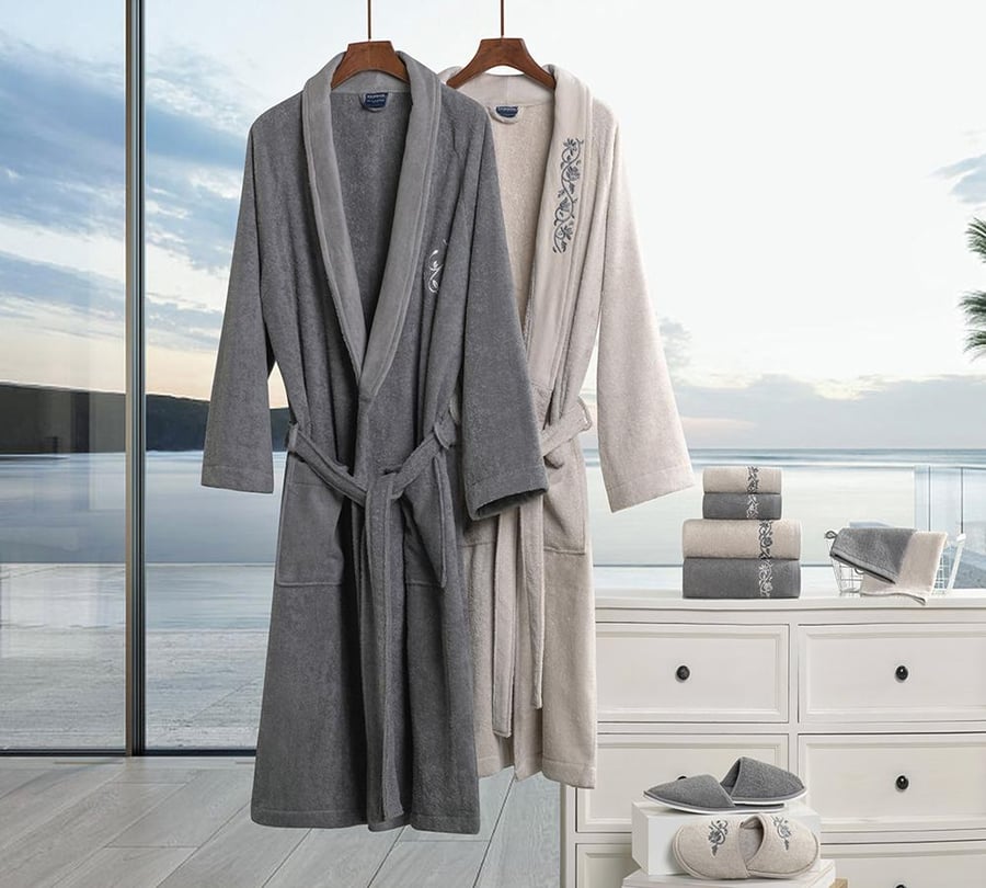 Bathrobe and towel set 12 pieces 100% cotton gray and beige