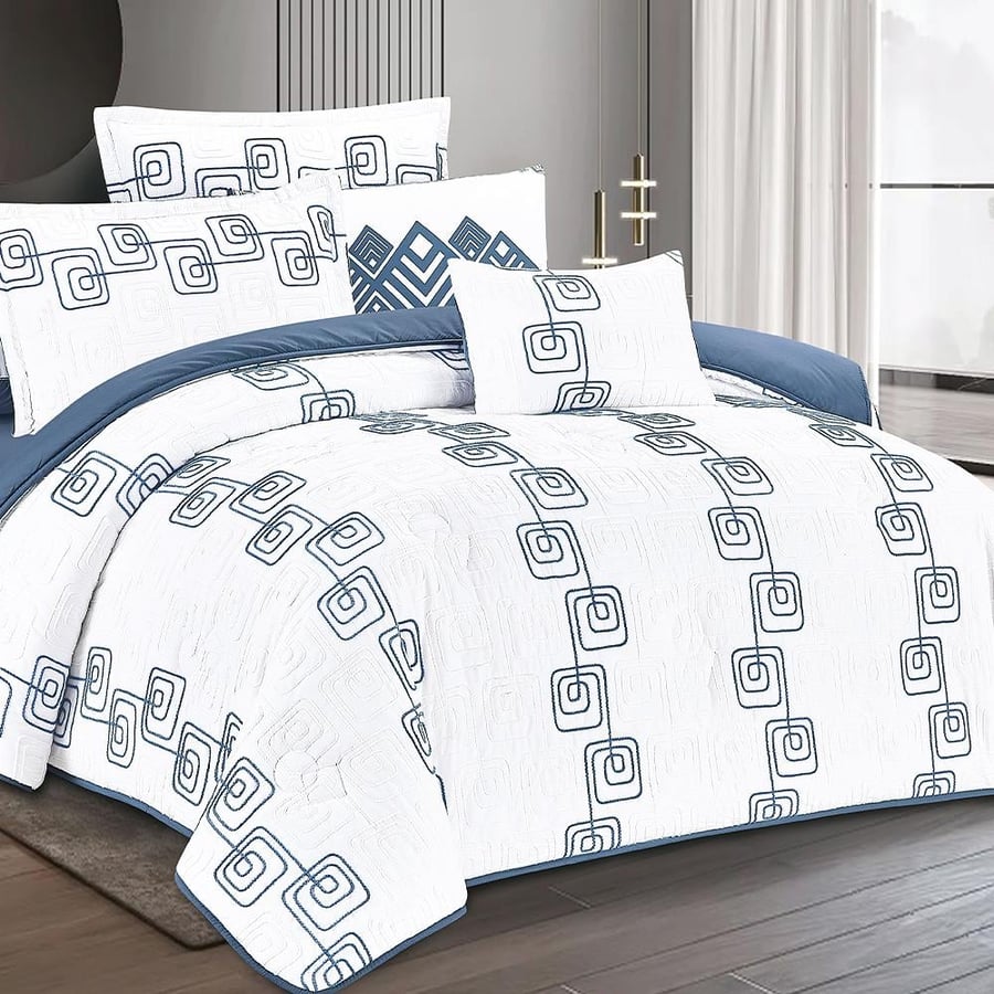 مفرش سميراميس أبيض أزرق مع مسارات هندسية زرقاء وقطع المخدات