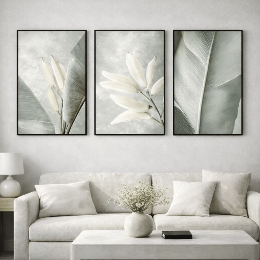 Set of wall art panels with green plant leaves – 3 wall decoration panels