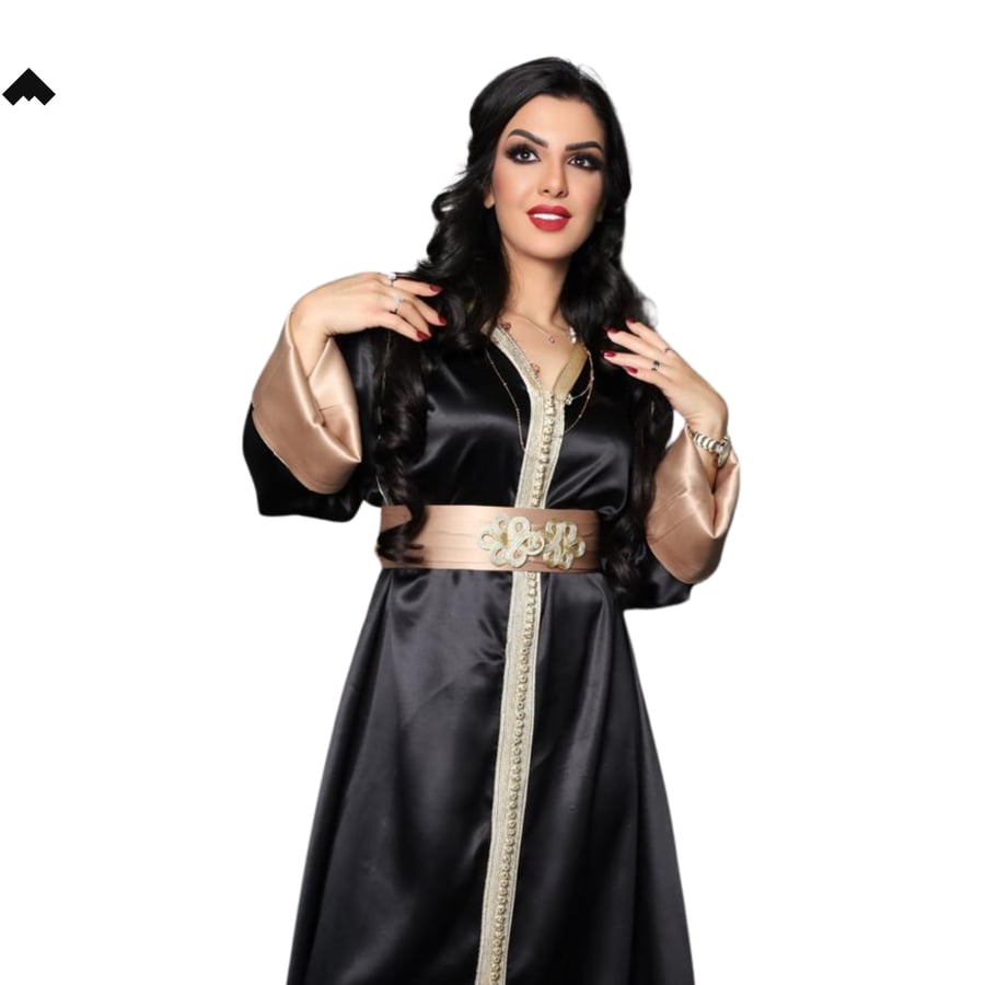 Satin Belted Grace – بني ملكي بتطريز ذهبي، قفطان مغربي نسائي فاخر من تريندز