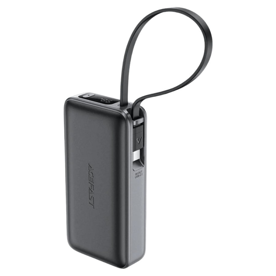 باور بانك AceFast 10000mAh بقوة 30 واط مع كابل USB-C مدمج – أسود