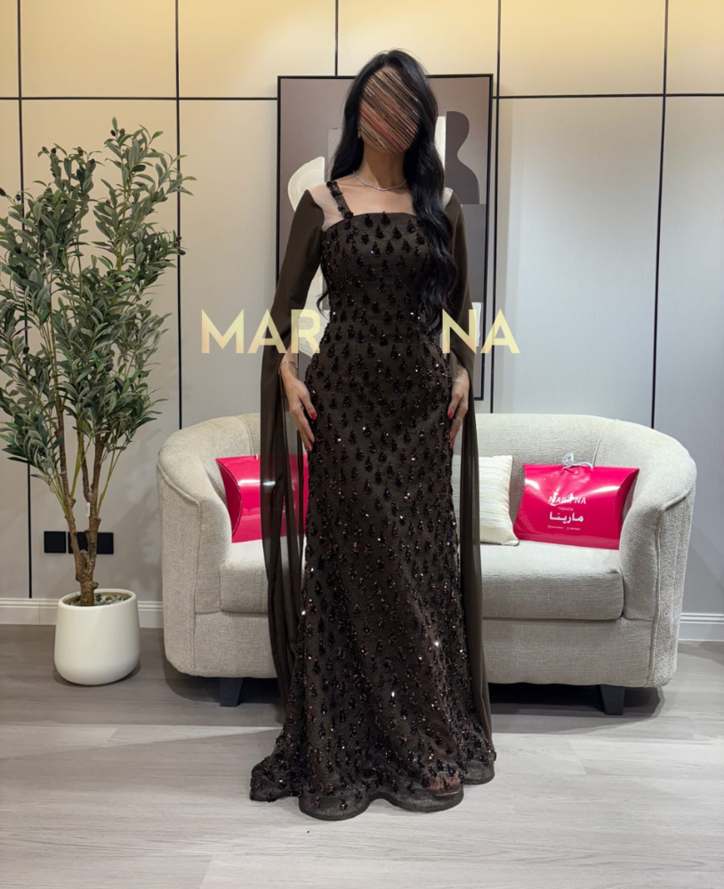 Rova dress (Mocha dress with beaded trim and long georgette sleeves)