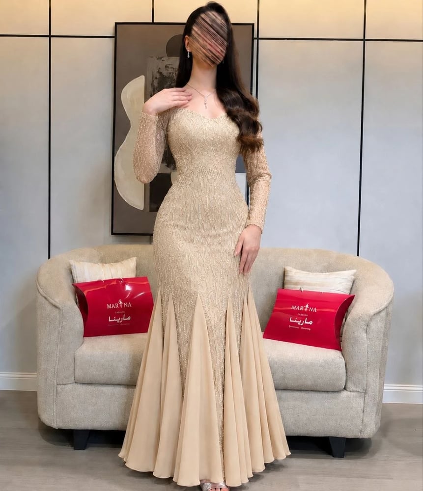 Afaf's dress (beige dress with embroidered details, evening wear, georgette insert)