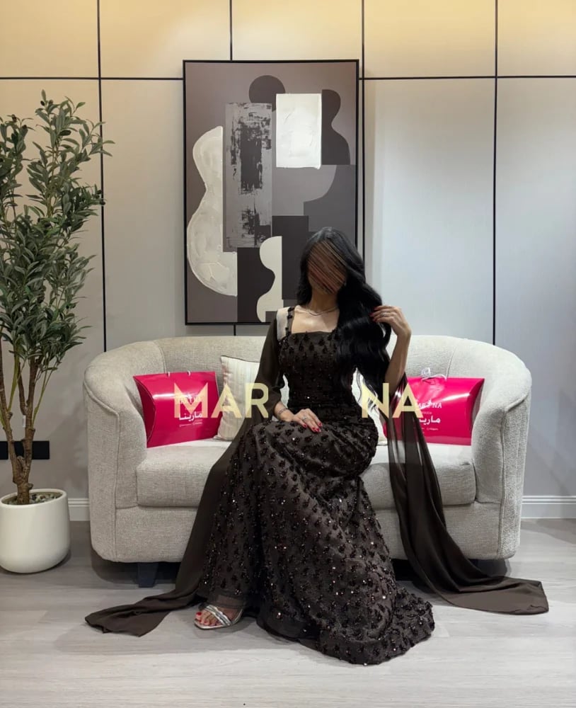 فستان روفا (فستان موكا كلفه شك اكمام جورجيت طويله)