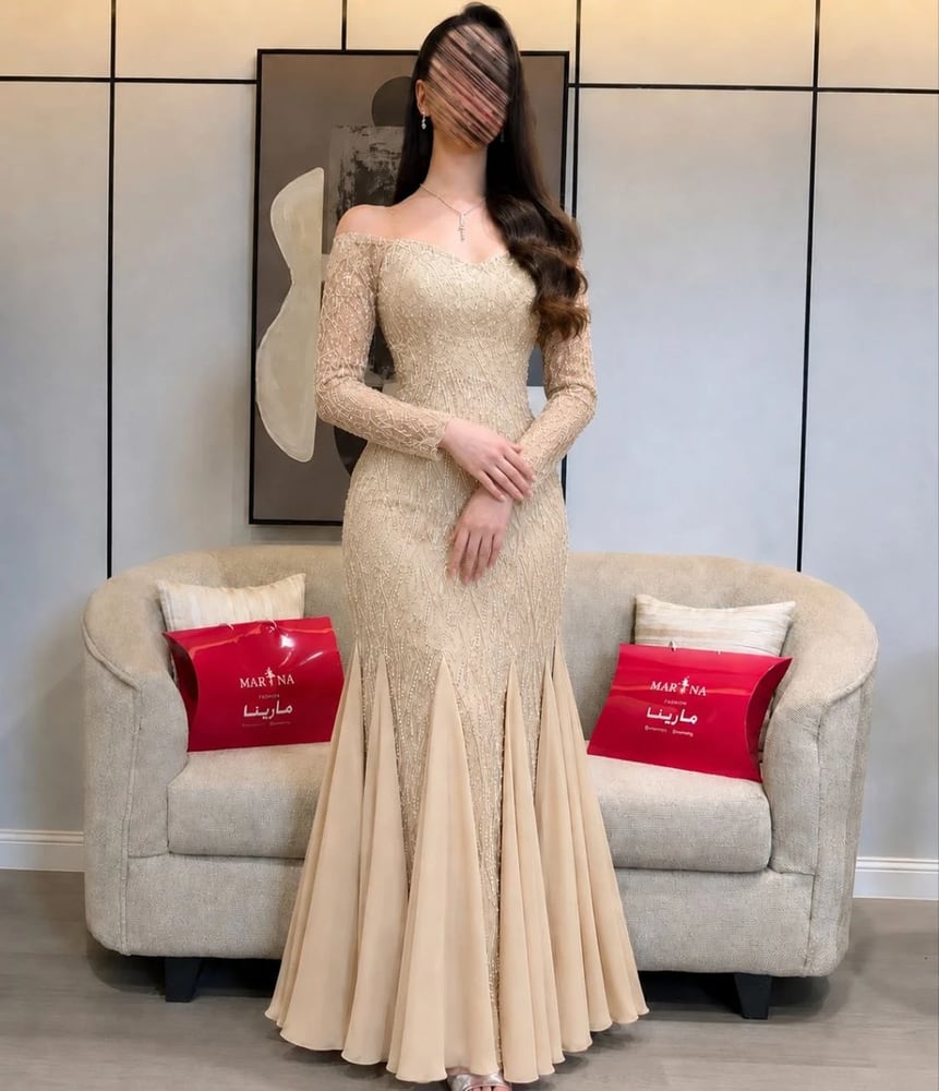 Afaf's dress (beige dress with embroidered details, evening wear, georgette insert)