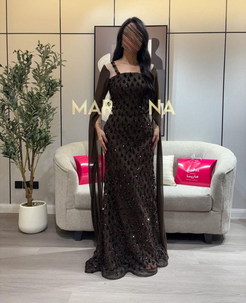 Rova dress (Mocha dress with beaded trim and long georgette sleeves)