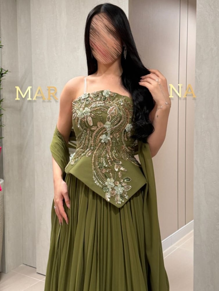Joelle's dress (olive oil dress, embroidered bodice, evening dress, georgette dress, and georgette shawl)
