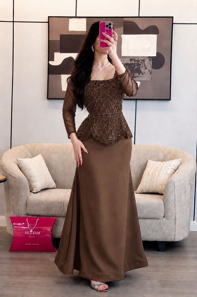 فستان الهام (فستان  بني  باربي مع تطريز يدوي)